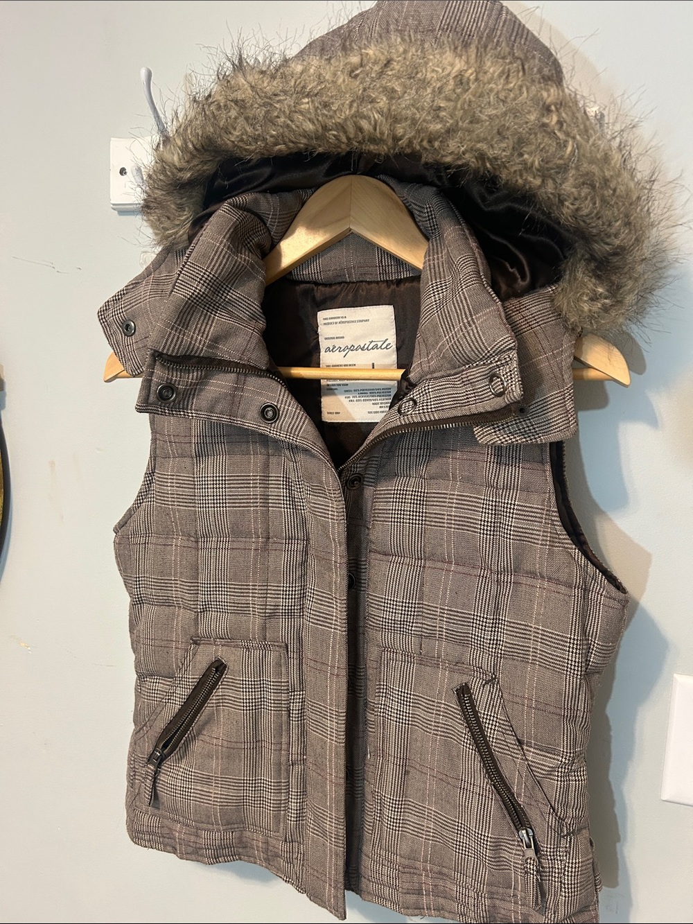 Aeropostale Brown Plaid Quilted Puffer Vest with Faux Fur Hood
